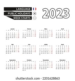 Calendar 2023 in French language, week starts on Monday. Vector calendar 2023 year.