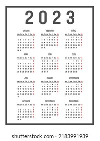 Calendar of 2023 in German. The days of the week are at the top, week start Monday. Vector illustration