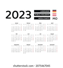 Kalender 2023 Deutschsprache mit Österreich Feiertagen. Die Woche beginnt am Montag. Grafikdesign, Vektorgrafik.