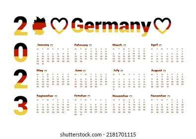 Calendar for 2023 Germany. The calendar is made in the colors of the Germanian flag. Vector illustration.