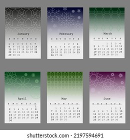 Calendar 2023 gradient vector simple seasonal patterns 6 months january, february, march, april, may, june