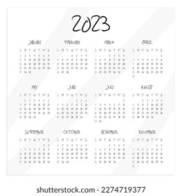 calendar for 2023 with gray frame isolated on white background, week starts with sunday