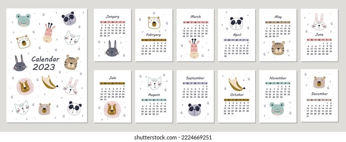 Calendar 2023 with hand drawn cars and road. Vector illustrations