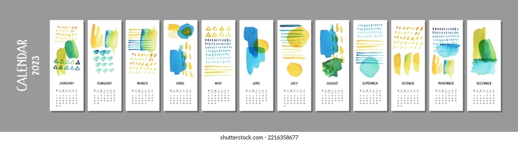 Calendar 2023 with hand drawn watercolor abstract art vector paintings. Can be used for printable creative template, diary, planner and also like application for mobile phone, tablet, computer.
