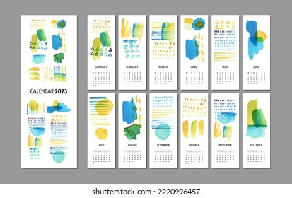 Calendar 2023 with hand drawn watercolor abstract art vector paintings. Can be used for printable creative template, diary, planner and also like application for mobile phone, tablet, computer.