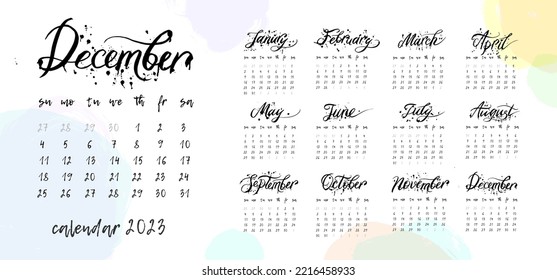 Calendar 2023, handwritten names of the months with ink splatter drops calendar 2023, start of the week sunday, corporate design planner template.
