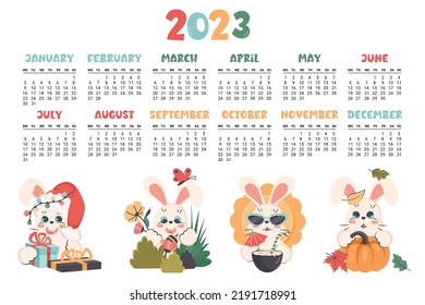 Calendar 2023. Horizontal planner with cute bunny in different seasons. Cartoon character rabbit as symbol of new year. Week starts on Monday. Vector flat illustration