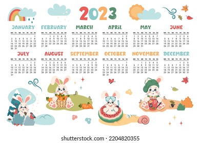 Calendar 2023. Horizontal planner with cute bunny in different seasons.  Cartoon character rabbit  as symbol of new year. Week starts on Monday. Vector flat illustration