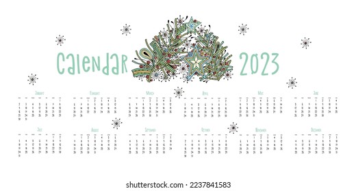 Calendar 2023 horizontal poster, doodle stylized stars decoration and  tree.