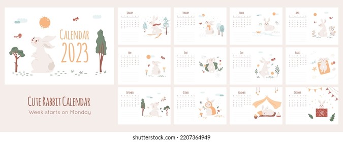 Calendar 2023 horizontal template with cute rabbit. Gray bunny monthly season prints. Spring, autumn, winter, summer illustration set. Vector planner concept, desk poster, Scandinavian art with animal