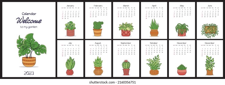 Calendar 2023 with houseplants in pots with months on separate sheets where the week starts from Sunday. Doodle cartoon flat style