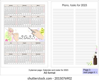 
Calendar for 2023, with illustrations of female hands. With manicure and tools
Yearly plans worksheet. 3 page for the planner.