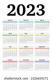 Calendar for 2023 isolated on a white background. Sunday to Monday, business template. Vector illustration
