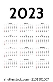 Calendar for 2023 isolated on a white background. Sunday to Monday, business template. Vector illustration