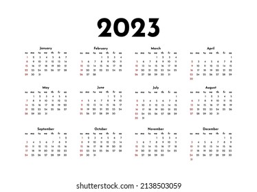 Calendar for 2023 isolated on a white background. Sunday to Monday, business template. Vector illustration