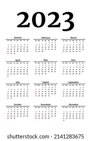 Calendar for 2023 isolated on a white background. Sunday to Monday, business template. Vector illustration