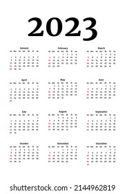 Calendar for 2023 isolated on a white background. Sunday to Monday, business template. Vector illustration
