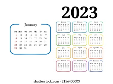 Calendar for 2023 isolated on a white background. Sunday to Monday, business template. Vector illustration