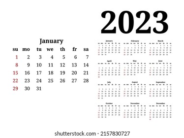 Calendar for 2023 isolated on a white background. Sunday to Monday, business template. Vector illustration