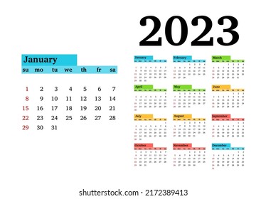 Calendar for 2023 isolated on a white background. Sunday to Monday, business template. Vector illustration