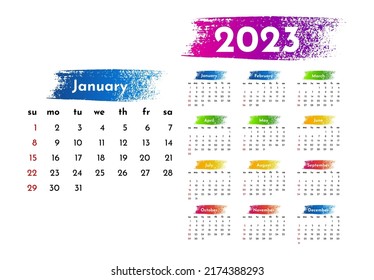 Calendar for 2023 isolated on a white background. Sunday to Monday, business template. Vector illustration