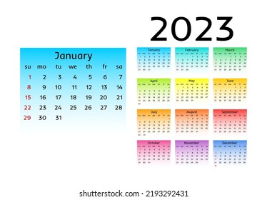 Calendar for 2023 isolated on a white background. Sunday to Monday, business template. Vector illustration