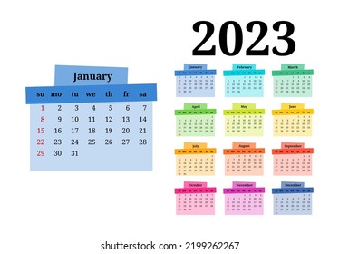 Calendar for 2023 isolated on a white background. Sunday to Monday, business template. Vector illustration