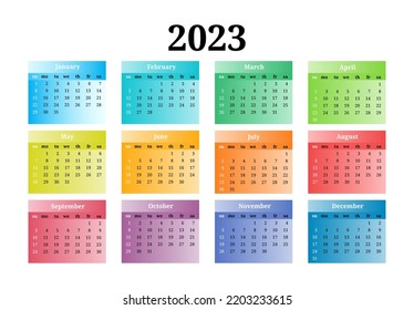 Calendar for 2023 isolated on a white background. Sunday to Monday, business template. Vector illustration