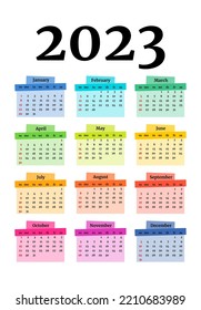 Calendar for 2023 isolated on a white background. Sunday to Monday, business template. Vector illustration