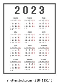 Calendar of 2023 in Italian. The days of the week are at the top, week start Monday. Vector illustration