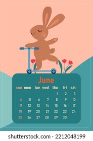 Calendar 2023 for June. Year of the rabbit, symbol of the new year. The week starts on Sunday. Cute rabbit smiles and rides a scooter in the summer meadow