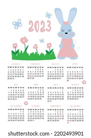 Calendar 2023 for kids with a cute rabbit girl in a dress. The rabbit is a symbol of 2023 according to the eastern horoscope. Vector illustration. Vertical template 12 months in English. Week from Sun