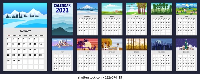 Calendar 2023 landscape natural backgrounds of four seasons