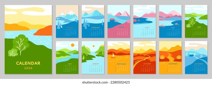 Calendar 2023 with landscape set. Abstract minimalist nature scenery four seasons spring, autumn, summer, winter template typography collection. Monthly trendy calendar planner page and cover vector