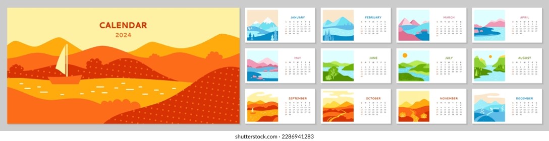 Calendar 2023 with landscape set. Abstract minimalist nature scenery four seasons spring, autumn, summer, winter typography desk template collection. Monthly trendy calendar planner page cover vector