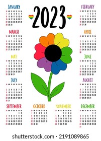 Calendar for 2023 with LGBTQ Symbol flower with rainbow petals. LGBT flag Rainbow colors. Vector illustration. Vertical template for 12 months English. week starts on Sunday. Stationery, print, decor
