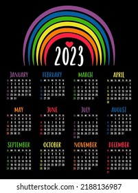 Calendar 2023 with LGBTQ Symbol with rainbow. LGBT flag Rainbow colors. Vector illustration. Vertical template for 12 months in English on black background. week on Sunday. Stationery, print, decor