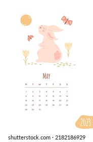 Calendar 2023 May month with date and cute bunny, mascot of New Year.  Pretty rabbit enjoy springtime. Ladybug, butterfly, sun and crocus flowers. Vector illustration isolated on white background.