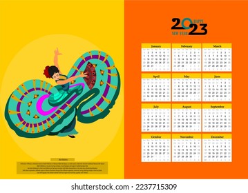 Calendario 2023 con bailarines tradicionales mexicanos. Cuadrícula de calendario, primero lunes. Cartel al estilo mexicano.