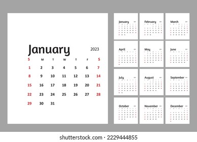 Calendar 2023 minimal style template week starts in Sunday vector illustration 