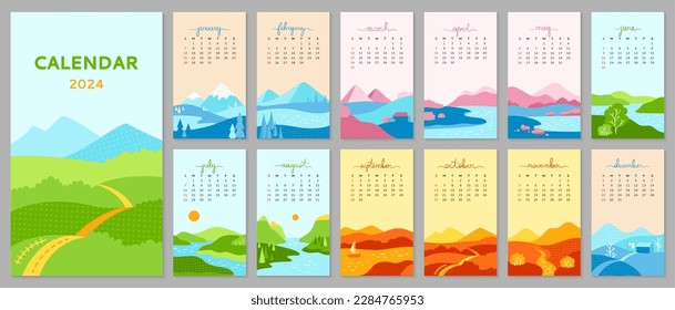 Calendar 2023 with minimalist landscape poster set. Abstract nature scenery four seasons spring, autumn, summer, winter template collection. Monthly calendar planner page and cover vector typography