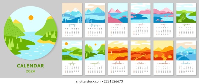 Kalender 2023 mit minimalistischer Landschaft. Abstrakte Naturlandschaft vier Jahreszeiten Frühling, Herbst, Sommer, Winter Vorlage Sammlung. Monatliche angesagte Kalenderplaner-Seite und Titelvektortypografie