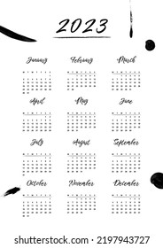 Calendar 2023 in minimalist style with black smudges. Can be used for printable creative template and also like application for mobile phone, tablet, computer.