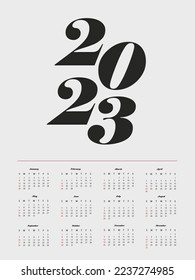 Calendar 2023 minimalist style. This 12 months calendar in 2023. Vector illustration.