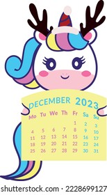 Calendar 2023 month december.Holds a unicorn in a winter hat.