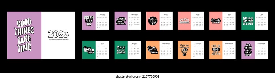 Calendar 2023. Monthly design with motivational quotes. Weeks start on Monday. Business planner.  Vector template for table calendar.