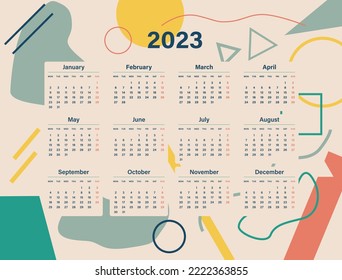 Calendar 2023. Multicolored, geometric shapes. Calendar for the year by months