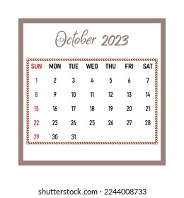 Calendar 2023 October month.Printable vector eps element