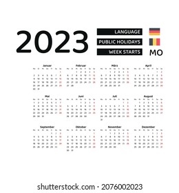 Calendar 2023 on German language. With Public Holidays for Belgium in year 2023. Week starts from Monday. Vector Illustration.