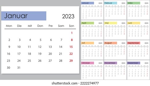 Calendar 2023 on German language, week start on Monday. Vector template